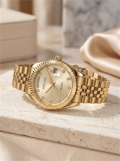 Ferrucci Milano Kadın Kol Saati 30 mm Altın Renk Çelik Kordon Taşlı Kadran Gün-Tarih