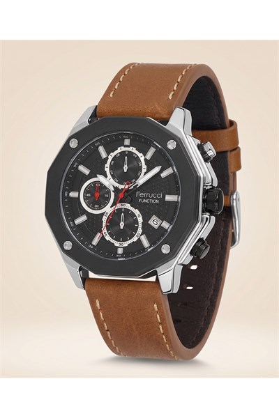 Function 43 mm Erkek Kol Saati Mat Siyah Kasa Deri Kordon Çok Fonksiyonlu Siyah Kadran Quartz Saat