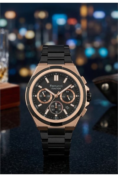 Function Erkek Kol Saati 44 mm Çok Fonksiyonlu Siyah Çelik Kordon Quartz
