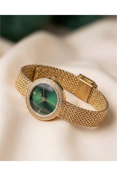 JG Polo Club 26mm Yeşil Kadranlı Gold Renkli Kadın Kol Saati Taşlı Çelik Kordon 5 ATM