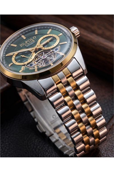 JG Polo Club 39 mm Otomatik Erkek Kol Saati Yeşil Kadran Bombeli Cam Mekanizma Görünümlü Çift Renk Çelik Kordon 5 ATM