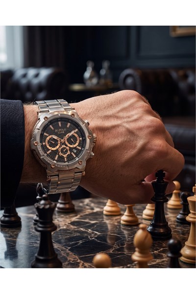 JG Polo Club 44mm Siyah Kadranlı Rose Gold Detaylı Erkek Kol Saati 5 ATM Çelik Kordon