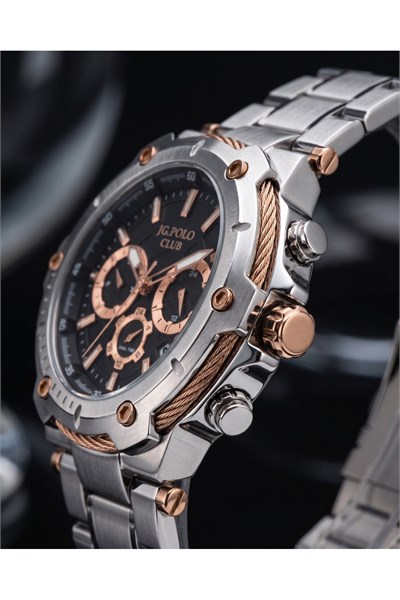 JG Polo Club 44mm Siyah Kadranlı Rose Gold Detaylı Erkek Kol Saati 5 ATM Çelik Kordon