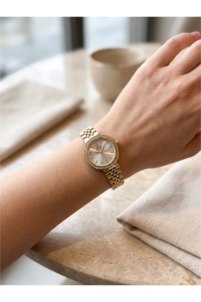 Kadın Kol Saati 24 mm Gold Çelik Kordon Taşlı Bezel 5 ATM