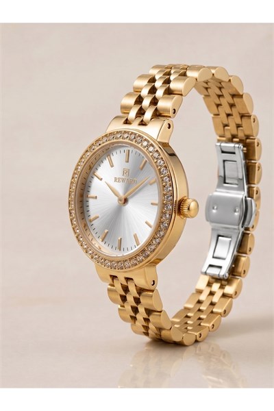 Kadın Kol Saati 24 mm Gold Çelik Kordon Taşlı Bezel 5 ATM