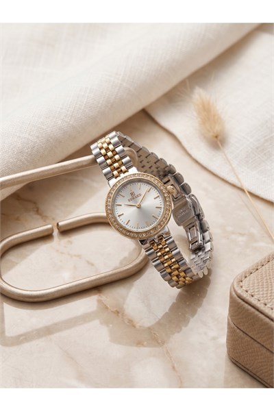 Kadın Kol Saati 24 mm Gold Gümüş Çift Renk Çelik Kordon Taşlı Bezel 5 ATM