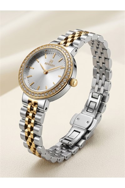 Kadın Kol Saati 24 mm Gold Gümüş Çift Renk Çelik Kordon Taşlı Bezel 5 ATM