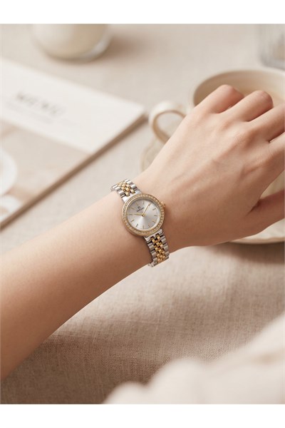 Kadın Kol Saati 24 mm Gold Gümüş Çift Renk Çelik Kordon Taşlı Bezel 5 ATM