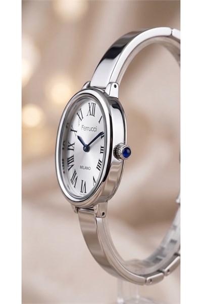 Kadın Kol Saati 28 mm Gümüş Rengi Mavi Detaylı Oval Kasa Kelepçe Kordon
