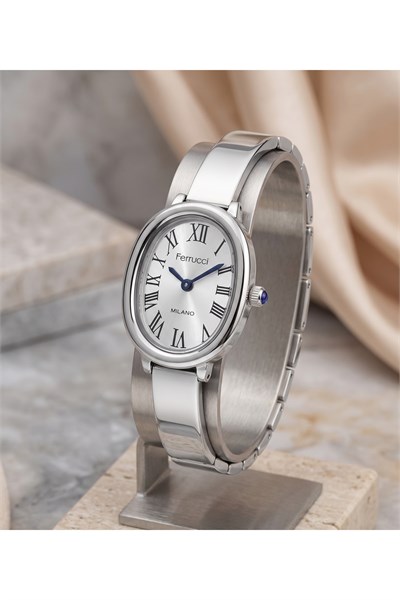 Kadın Kol Saati 28 mm Gümüş Rengi Mavi Detaylı Oval Kasa Kelepçe Kordon