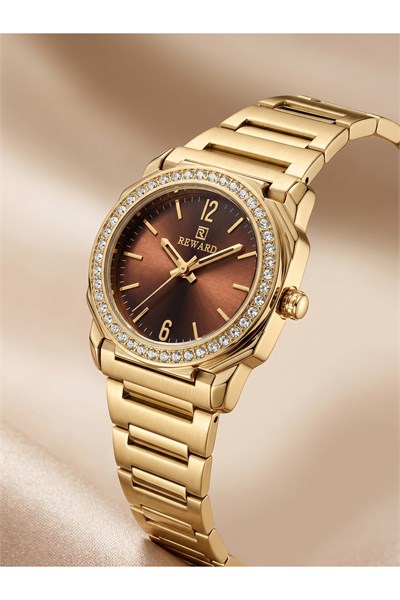 Kadın Kol Saati 28 mm Kahverengi Kadran Taşlı Bezel Gold Renk Çelik