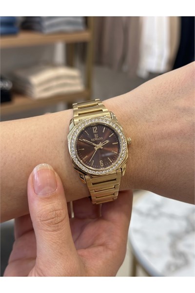 Kadın Kol Saati 28 mm Kahverengi Kadran Taşlı Bezel Gold Renk Çelik