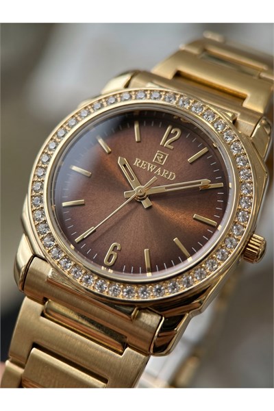 Kadın Kol Saati 28 mm Kahverengi Kadran Taşlı Bezel Gold Renk Çelik