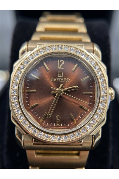 Kadın Kol Saati 28 mm Kahverengi Kadran Taşlı Bezel Gold Renk Çelik