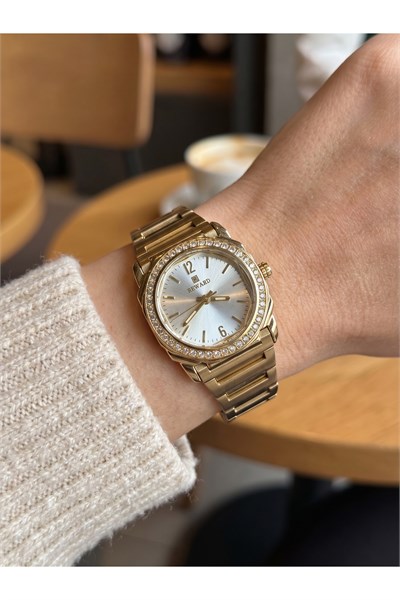 Kadın Kol Saati 28 mm Taşlı Bezel Gold Renk Çelik Gümüş Kadran
