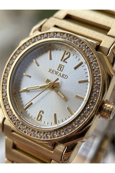 Kadın Kol Saati 28 mm Taşlı Bezel Gold Renk Çelik Gümüş Kadran