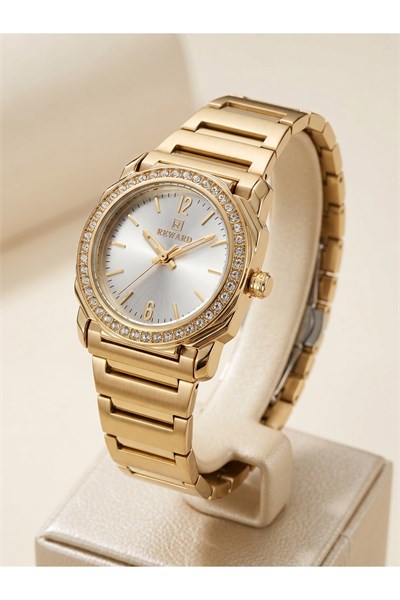 Kadın Kol Saati 28 mm Taşlı Bezel Gold Renk Çelik Gümüş Kadran