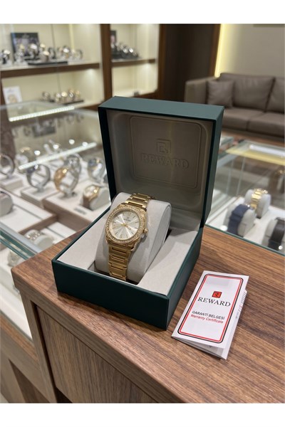 Kadın Kol Saati 28 mm Taşlı Bezel Gold Renk Çelik Gümüş Kadran