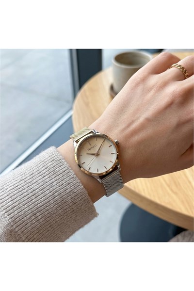 Kadın Kol Saati 34 mm Çift Renk Hasır Kordon Geçişli Kadran Şık Saat