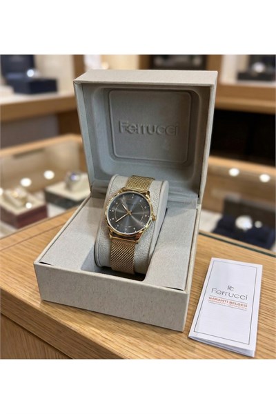 Kadın Kol Saati 34 mm Gold Hasır Kordon Gri Kadran Taşlı Şık Saat