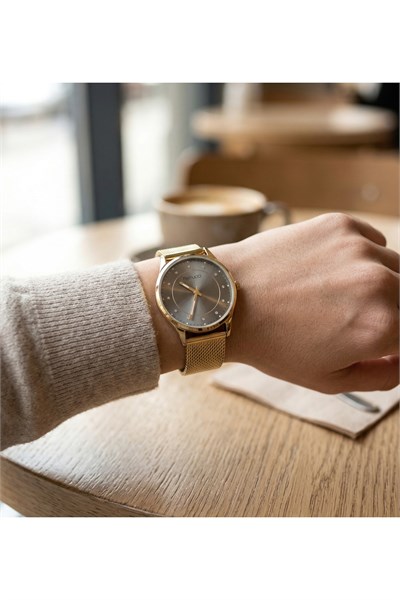 Kadın Kol Saati 34 mm Gold Hasır Kordon Gri Kadran Taşlı Şık Saat