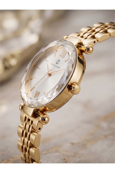 Kadın Kol Saati 34 mm Gold Metal Kordonlu Taş Detaylı Gümüş Kadranlı Saat