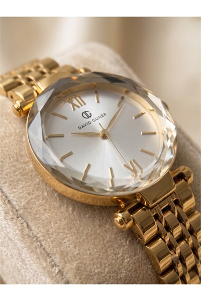Kadın Kol Saati 34 mm Gold Metal Kordonlu Taş Detaylı Gümüş Kadranlı Saat