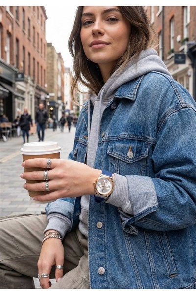 Kadın Kol Saati 34 mm Lacivert Silikon Kordon Rose Gold Çelik Kasa Beyaz Kadran 3 ATM