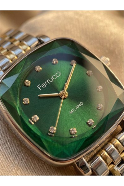 Kadın Kol Saati Çift Renk Çelik Kordon Yeşil Kadran Quartz Mineral Cam 3 ATM 28 mm