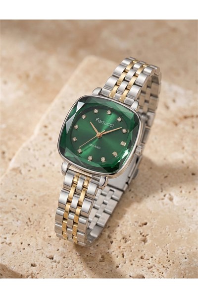 Kadın Kol Saati Çift Renk Çelik Kordon Yeşil Kadran Quartz Mineral Cam 3 ATM 28 mm