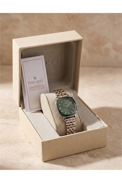 Kadın Kol Saati Çift Renk Çelik Kordon Yeşil Kadran Quartz Mineral Cam 3 ATM 28 mm