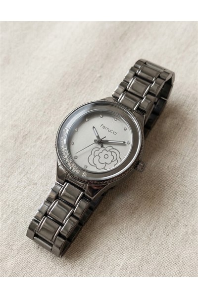 Kadın Kol Saati Hareketli Taşlı Çiçek Detaylı Antrasit Çelik Saat 38 mm