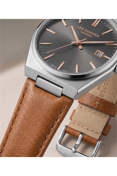 Lee Cooper London 39 mm Erkek Kol Saati 5 ATM Kahverengi Deri Kordon Antrasit Kadran