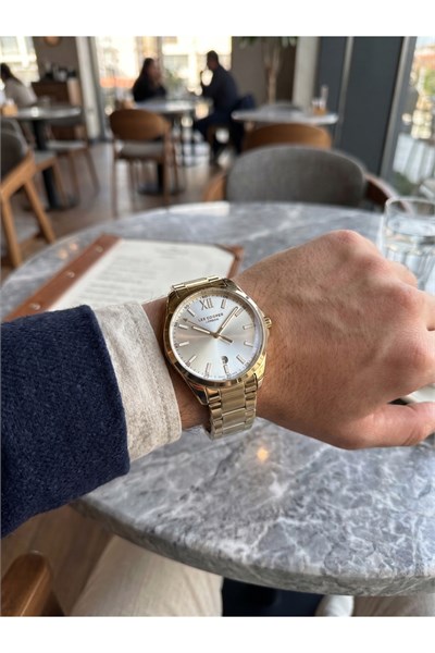 London 43 mm Büyük Kasa Erkek Kol Saati Gold Renkli Çelik Kordon Takvimli