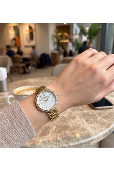 London Kadın Kol Saati 34 mm Gold Renkli Çelik Kordon Taşlı Simli Kadran