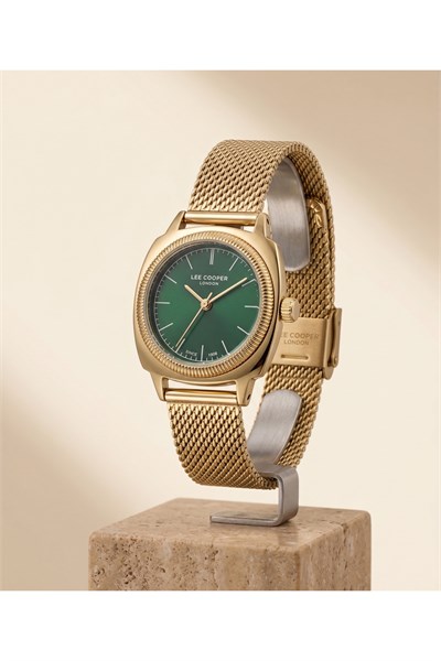 London Kadın Saati 26mm Yeşil Kadran Gold Hasır Çelik Kordon 3 ATM Quartz