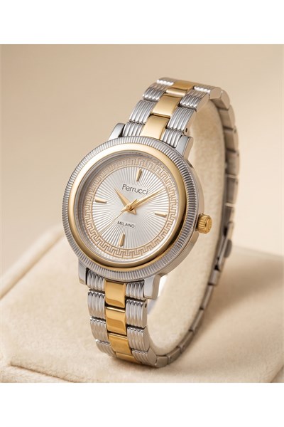 Milano 31 mm Kadın Kol Saati Gold Detaylı Gümüş Kasa Çift Renk Çelik Kordon Zarif Klasik Quartz Saat