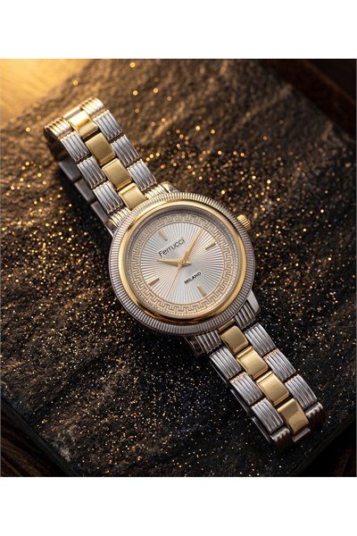 Milano 31 mm Kadın Kol Saati Gold Detaylı Gümüş Kasa Çift Renk Çelik Kordon Zarif Klasik Quartz Saat