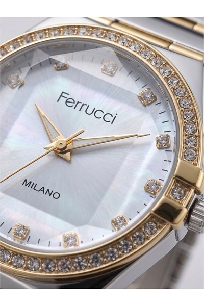 Milano 32 mm Lazer Kesim Camlı Taşlı Çift Renk Gümüş Kadran Kadın Saati