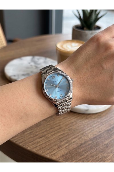 Milano 34 mm Kadın Kol Saati Mavi Kadran Taşlı Gümüş Renk Metal Kordon