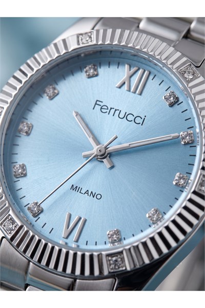 Milano 34 mm Kadın Kol Saati Mavi Kadran Taşlı Gümüş Renk Metal Kordon