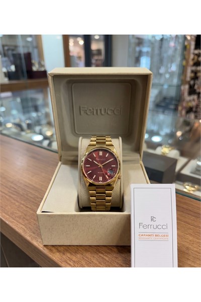 Milano 34 mm Küçük Kasa Unisex Kol Saati Gold Renkli Bordo Kadran Takvimli
