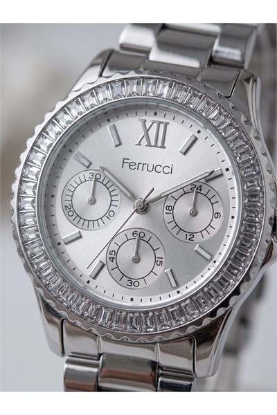 Milano 36 mm Taşlı Bezel Dekoratif Göstergeli Gümüş Kadın Saati