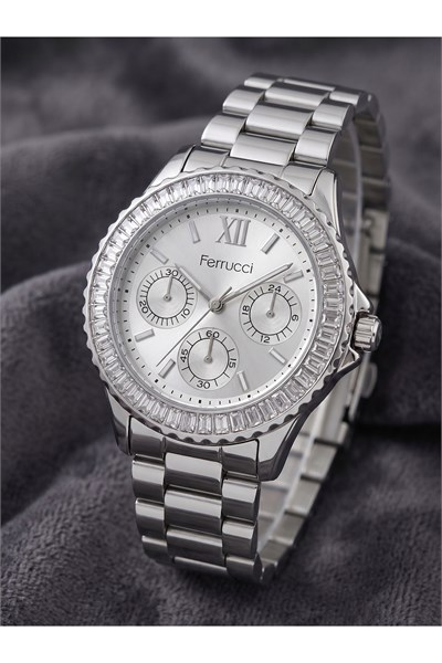 Milano 36 mm Taşlı Bezel Dekoratif Göstergeli Gümüş Kadın Saati