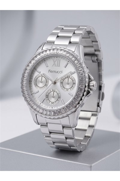 Milano 36 mm Taşlı Bezel Dekoratif Göstergeli Gümüş Kadın Saati