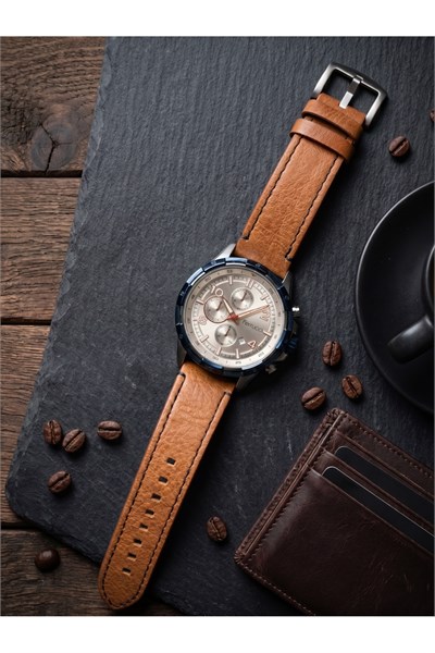 Milano 44mm Kahverengi Deri Kordon Erkek Kol Saati 3 ATM Takvimli Sportif Model