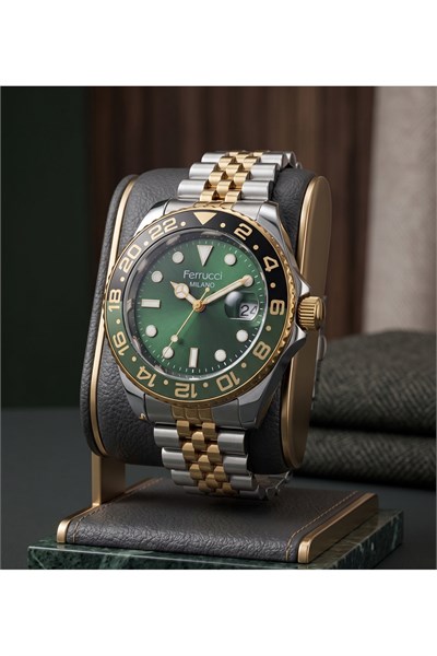 Milano Erkek Kol Saati 39 mm Yeşil Kadran Siyah-Yeşil Bezel Fosforlu Göstergeli Çelik Kordon