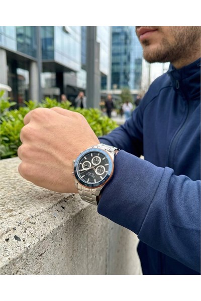 Milano Erkek Kol Saati 40 mm Çelik Kordon Lacivert Kadran Turuncu Detay Takvim 3 ATM