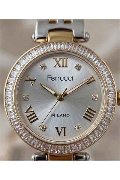 Milano Kadın Kol Saati 29 mm Küçük Kasa Taşlı Bezel Çift Renk Metal Kordon Gümüş Altın