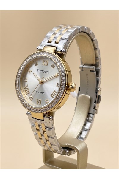 Milano Kadın Kol Saati 29 mm Küçük Kasa Taşlı Bezel Çift Renk Metal Kordon Gümüş Altın